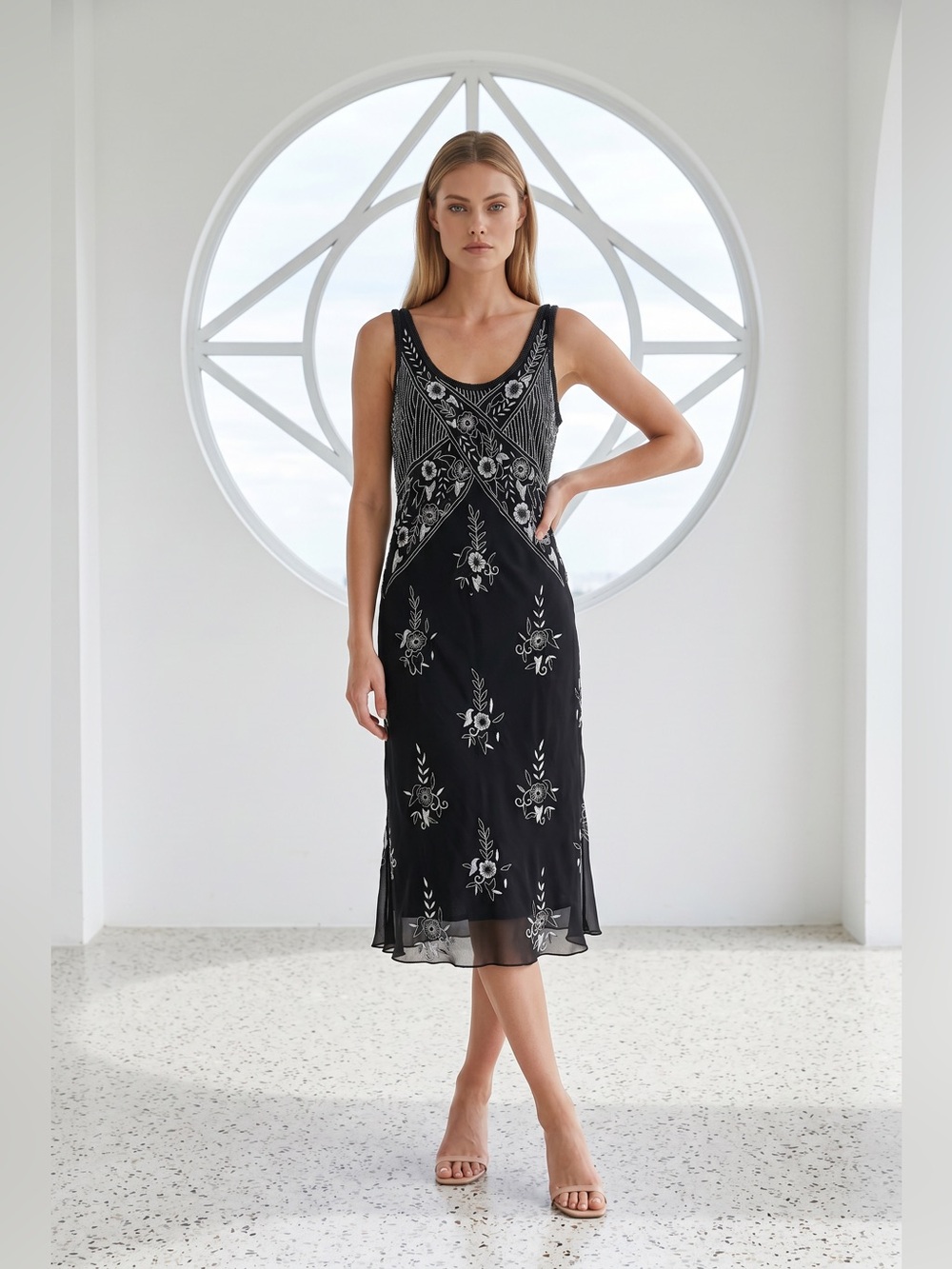 Aftershock London Vintage Beaded Black and White Silk Cocktail Dress size M - Picture 2 of 15
